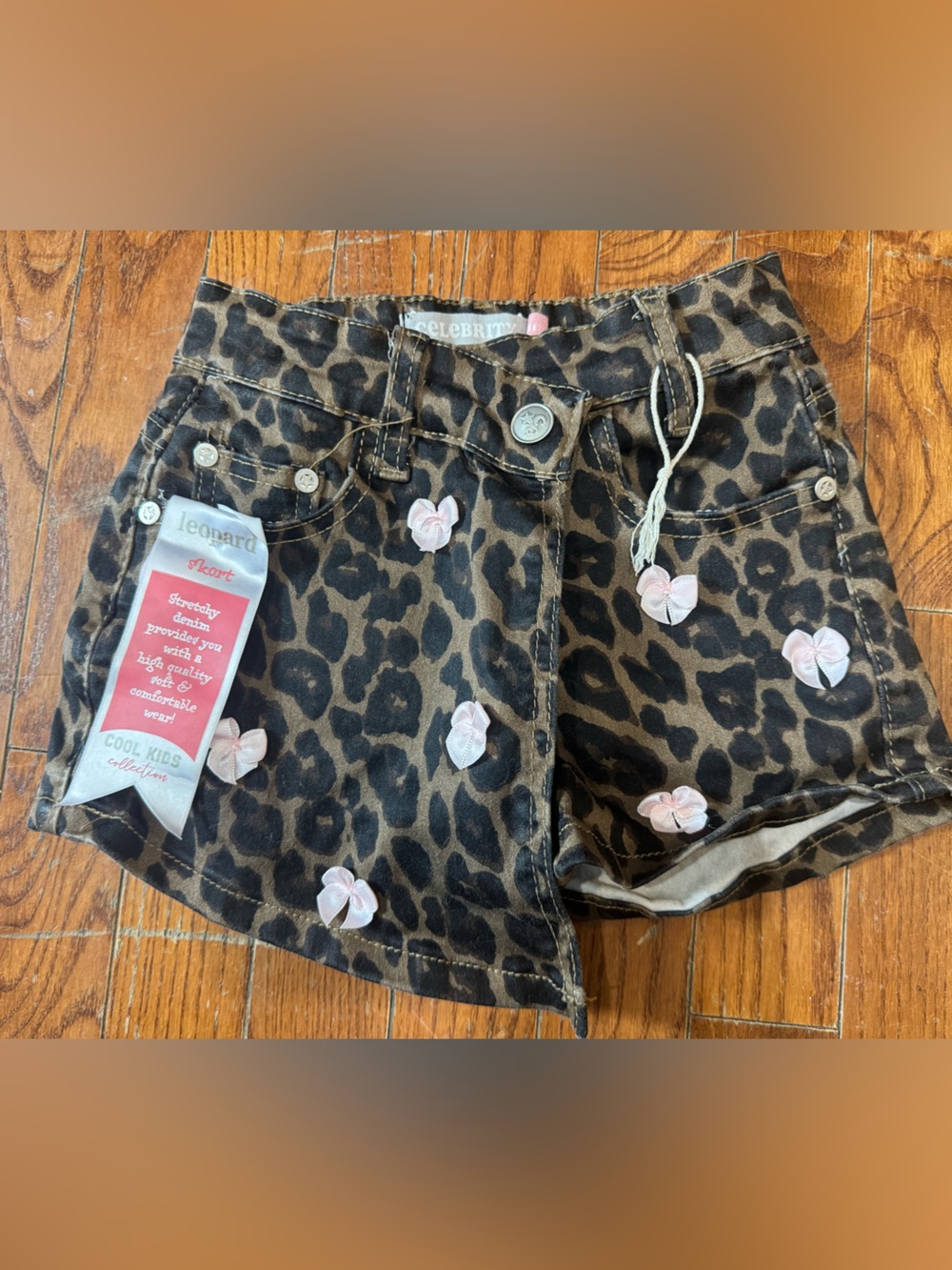 Leopard Print Kids Shorts with Pink Floral Appliqués